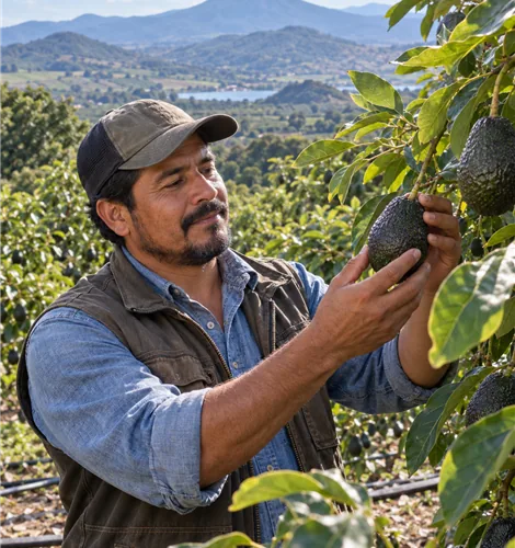 Mexican avocado grower inspecting Hass avocados