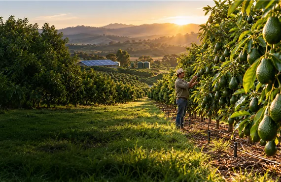 Sunlit Mexican avocado orchard rows